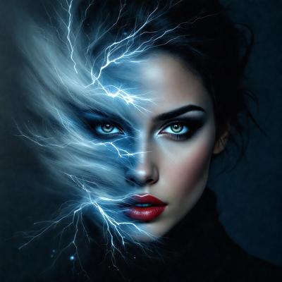 The primary subject of the image is a woman with a striking appearance. She has a bold, blue eye and a red lip, which are the main features of the image. The setting is a dark background, which contrasts with the woman's vibrant features. The visual style is a digital art, illustration, or drawing, as the woman's features are depicted in a detailed and artistic manner. The colors and mood of the image are bold and striking, with the woman's blue eye and red lip standing out against the dark background.